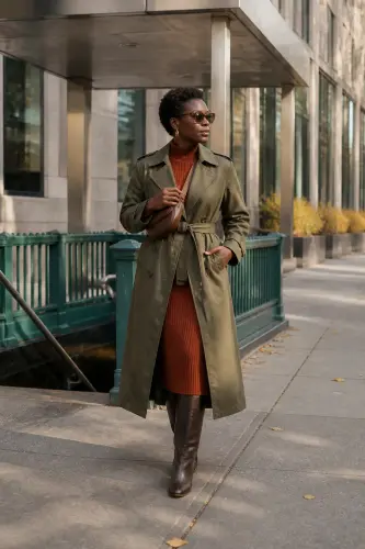 new york fall outfits 2 olive trench coat rust sweater dress and tall boots 2 1790050035.webp