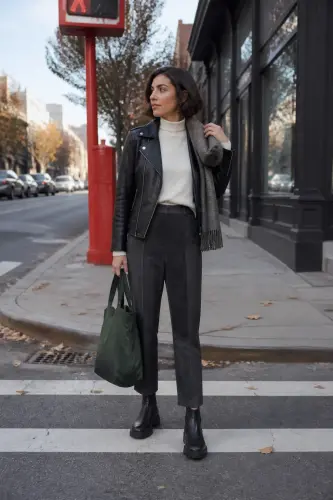 new york fall outfits 3 black leather jacket cream trousers and chelsea boots 3 1790050095.webp