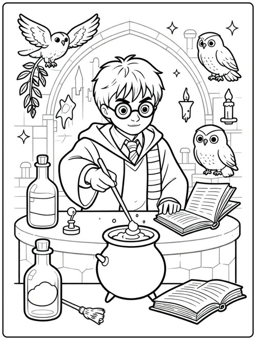 harry potter ausmalbilder Zaubererjunge mit Kessel und Eulen.jpg