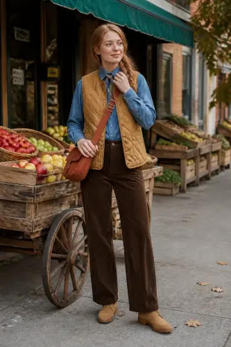 new york fall outfits 5 denim shirt camel vest and corduroy trousers 5 1790050213.webp