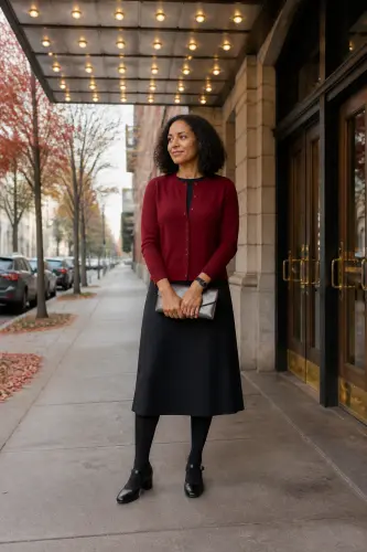 new york fall outfits 8 red knit cardigan black midi dress and mary janes 8 1790050394.webp