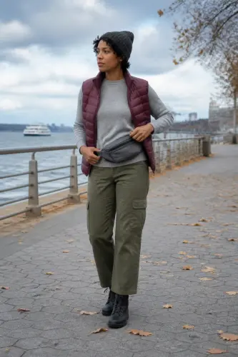 new york fall outfits 11 burgundy puffer vest gray sweater and cargo trousers 11 1790050575.webp