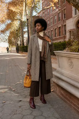 new york fall outfits 9 herringbone coat ivory turtleneck and brown culottes 9 1790050458.webp