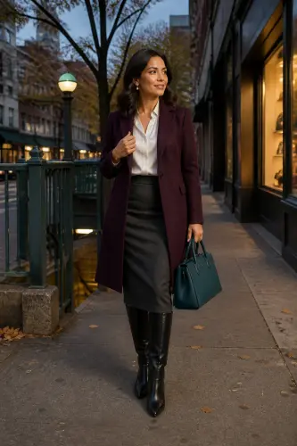 new york fall outfits 16 plum coat blouse and gray pencil skirt 16 1790050875.webp