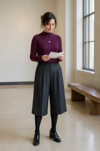 sweater fall winter outfits 12 plum mock neck sweater with gray culottes 12 1790054235.webp