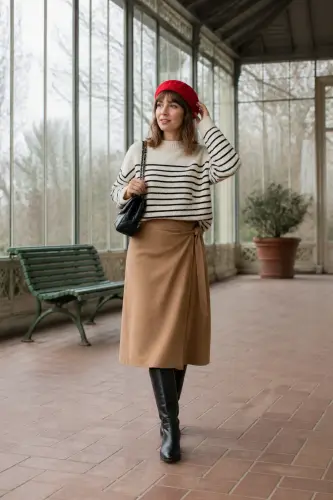 sweater fall winter outfits 13 striped breton sweater with camel wool skirt 13 1790054294.webp