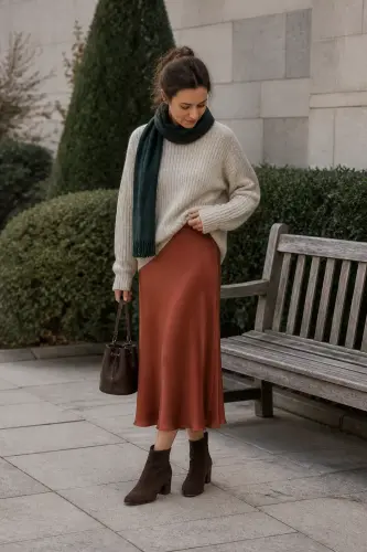 sweater fall winter outfits 11 oatmeal ribbed sweater with rust satin skirt 11 1790054173.webp