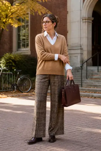 sweater fall winter outfits 9 camel v neck sweater with plaid trousers 9 1790054054.webp