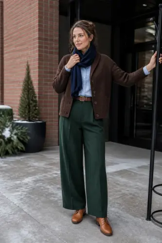 sweater fall winter outfits 14 chocolate cardigan with green pleated trousers 14 1790054352.webp