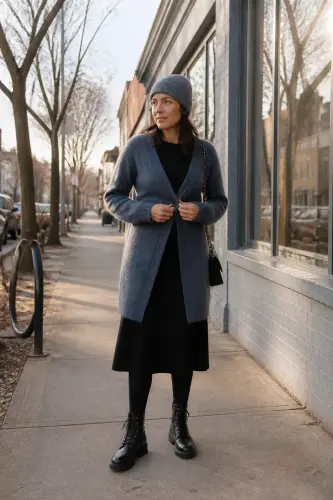 sweater fall winter outfits 20 slate blue cardigan with black jersey dress 20 1790054717.webp