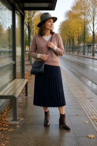 sweater fall winter outfits 16 soft pink sweater with navy pleated skirt 16 1790054475.webp