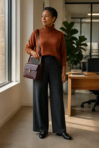 fall outfits for women over 40 1 merino turtleneck pleated trousers and loafers 1790108001.4