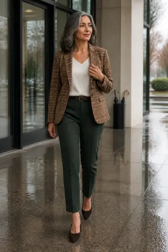 fall outfits for women over 40 2 plaid blazer silk shell and straight trousers 2 1790108065.4