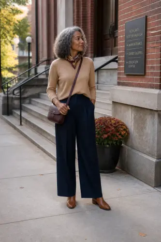 fall outfits for women over 40 7 camel sweater navy trousers and chelsea boots 7 1790108544.4