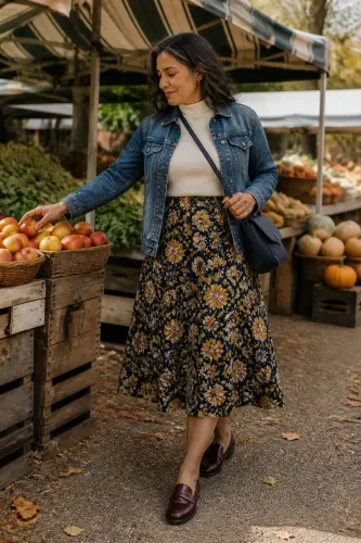 fall outfits for women over 40 8 floral midi skirt denim jacket and loafers 8 1790108622.4