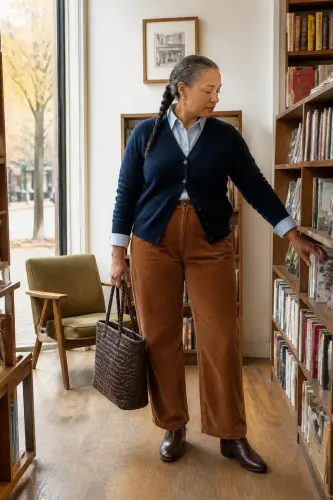 fall outfits for women over 40 4 corduroy trousers oxford shirt and cardigan 4 1790108250.4