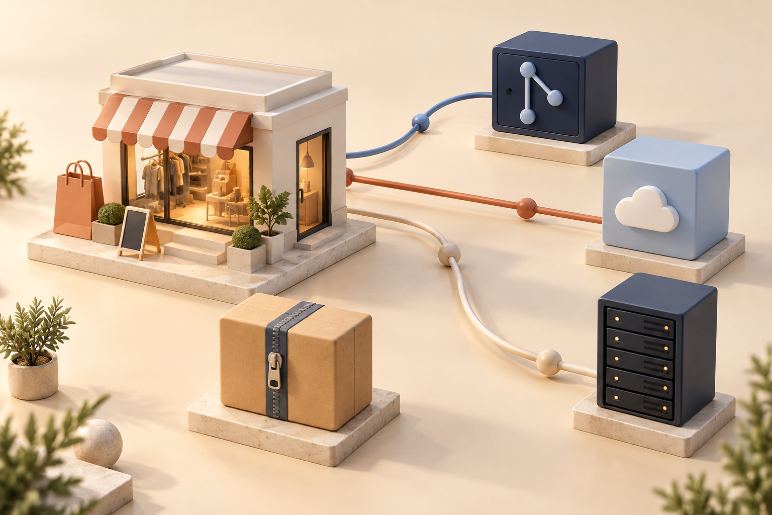 Storefront static deployment options shown as an isometric diorama
