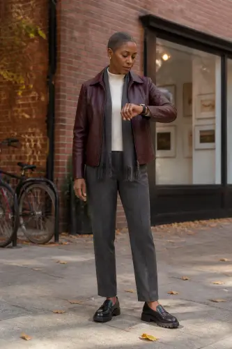 fall outfits for women over 40 12 leather jacket wool trousers and knit scarf 12 1790109024.4