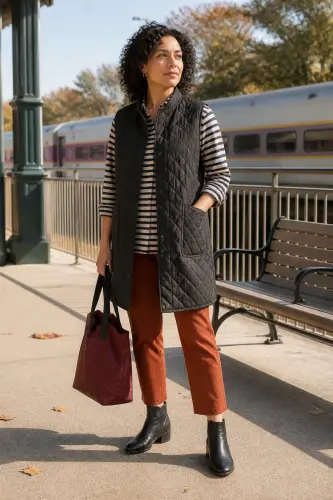 fall outfits for women over 40 15 long vest striped shirt and cropped trousers 1790109295.4