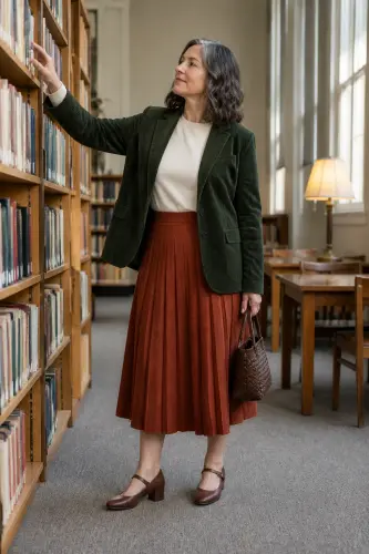 fall outfits for women over 40 10 corduroy blazer pleated skirt and mary janes 1790108895.4