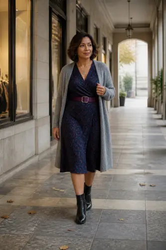fall outfits for women over 40 11 wrap dress long cardigan and ankle boots 11 1790108964.4