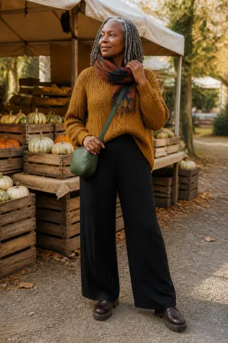 fall outfits for women over 40 21 fisherman knit satin trousers and lug boots 21 1790109861.4