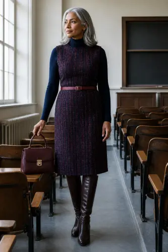 fall outfits for women over 40 17 tweed dress turtleneck and knee boots 17 1790109588.4