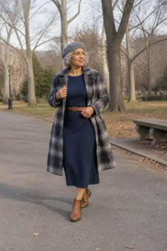 fall outfits for women over 40 22 plaid coat jersey dress and chelsea boots 22 1790110048.4