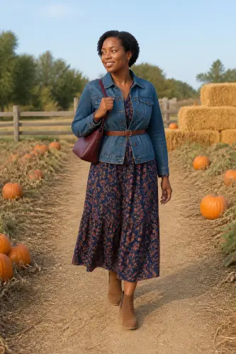 pumpkin patch outfits 2 floral midi dress with denim jacket and suede boots 2 1790046434.webp