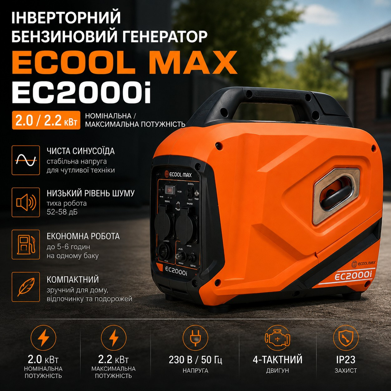 Бензиновый генератор ECOOL MAX EC2000i инверторного типа 220 В с низким уровнем шума для частного дома, с воздушным охлаждением