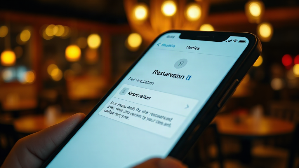 Smartphone showing an incoming restaurant reservation confirmation at night
