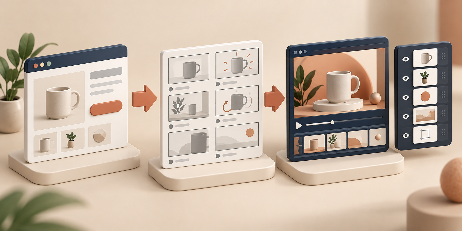A storefront page moving through storyboard and editable video stages