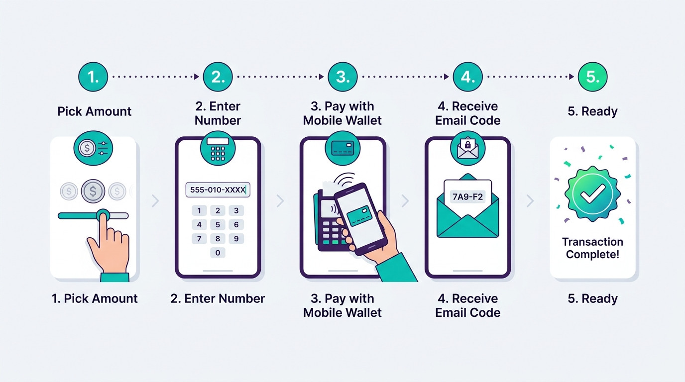 Step-by-step graphic showing copy Pay ID, pick amount, pay with mobile wallet, and check balance