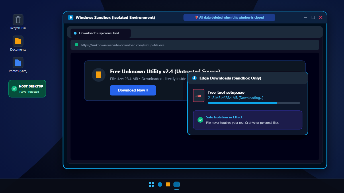 Windows Sandbox window open on a Windows 11 desktop with a browser downloading a file inside the sandbox