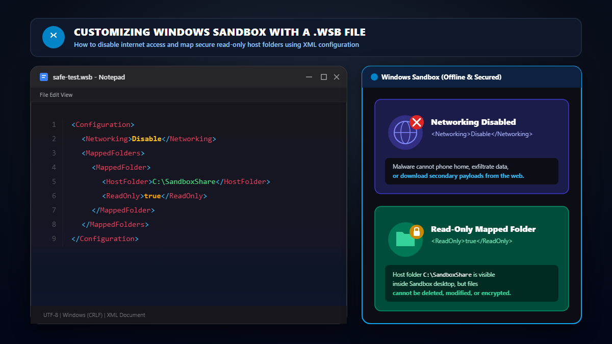 Notepad window showing a Windows Sandbox configuration file with networking disabled and a read-only folder