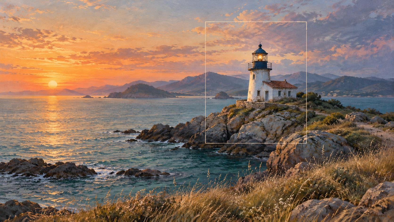 夕暮れの海岸と灯台を描いた絵に、灯台と足元の岩を囲む薄い縦の取景枠を重ねたイラスト