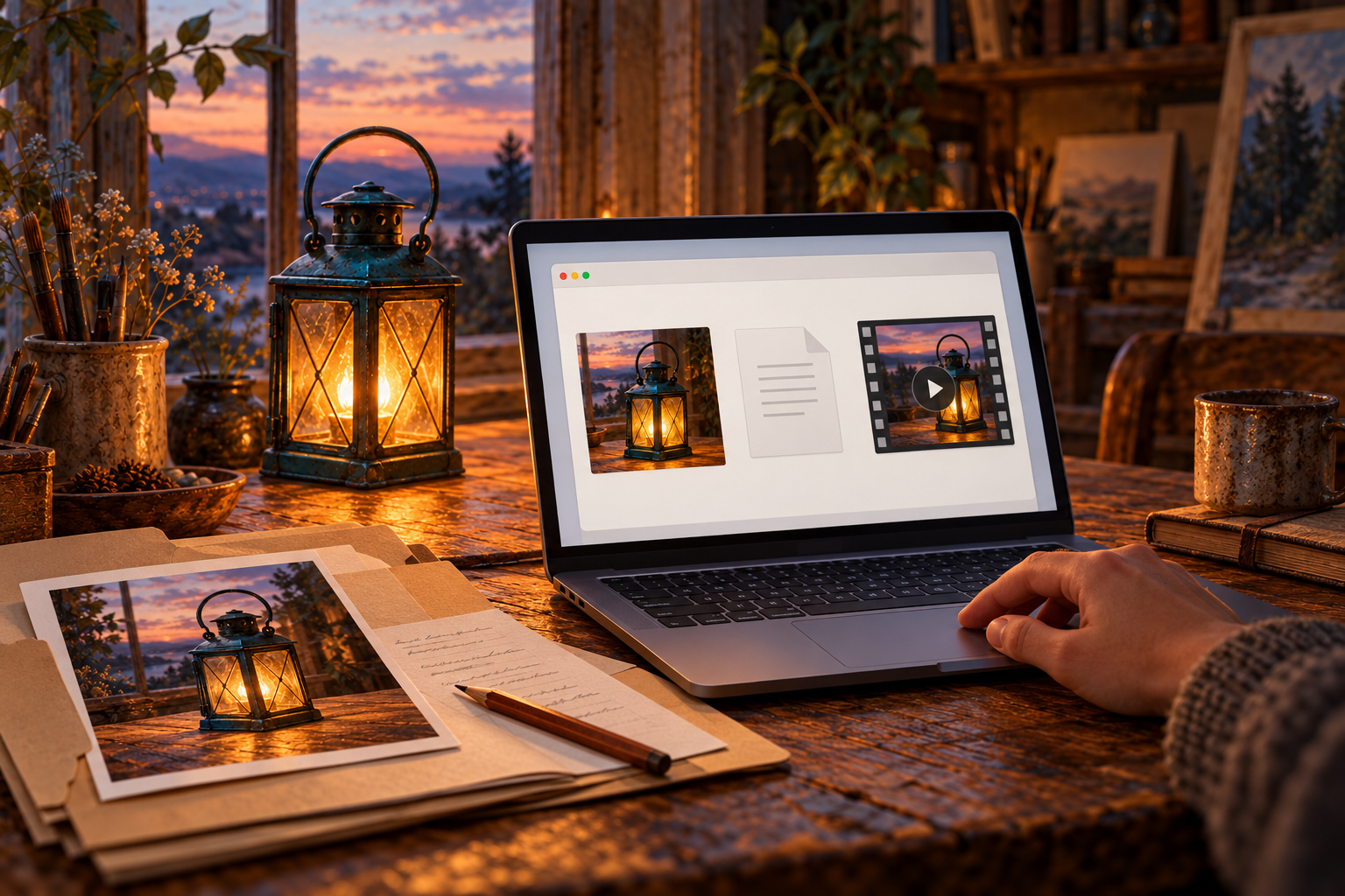 A laptop showing a generic local folder with a lantern image, a text document and a video thumbnail, beside a paper folder holding a matching source print.