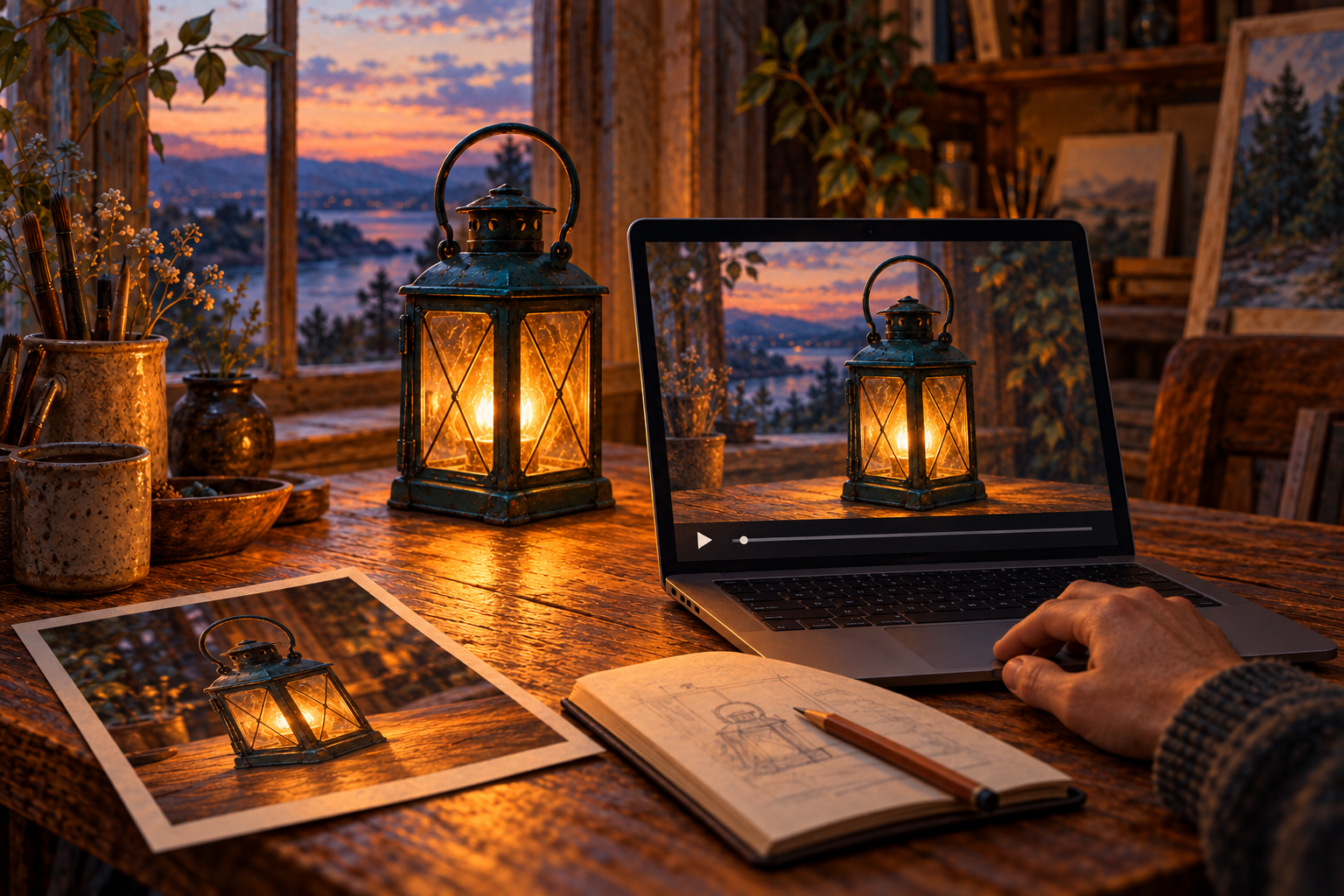A laptop showing a generic video player with the lantern scene, beside a matching source print and an open notebook.