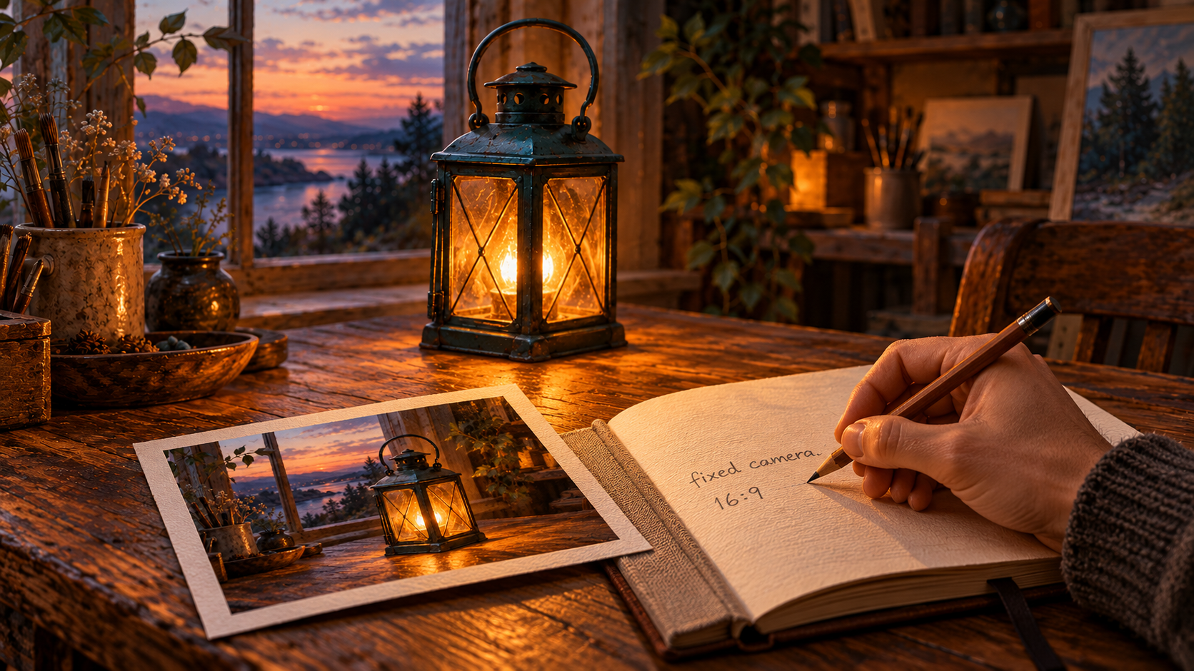 A lantern source print beside an open notebook with the brief notes fixed camera and 16:9; the matching lantern glows behind them.