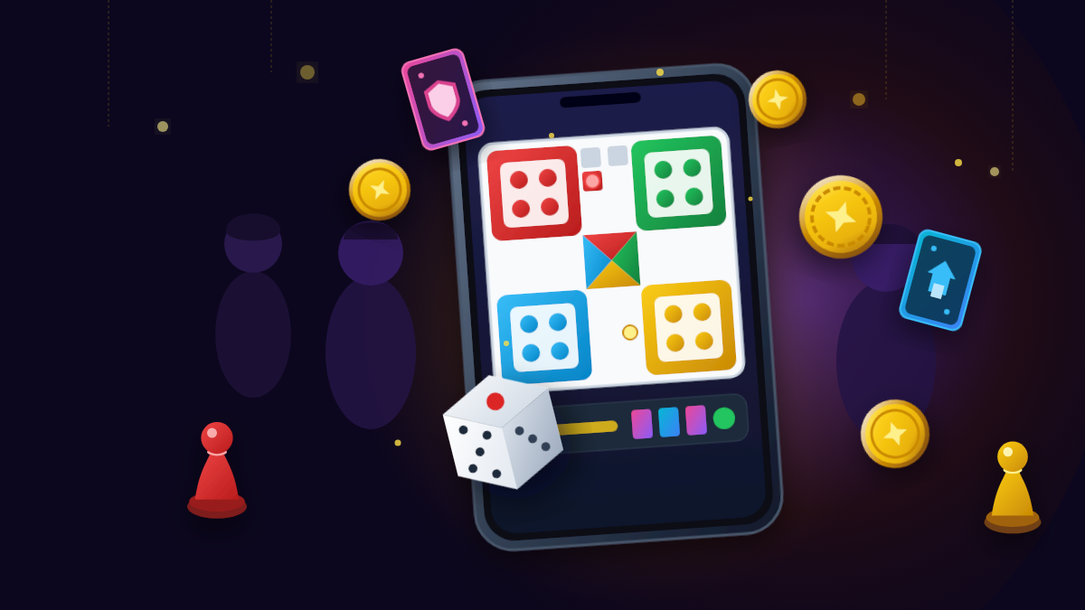 Friends in Bangladesh playing a Ludo-style mobile game with gold coins and item cards floating around the phone