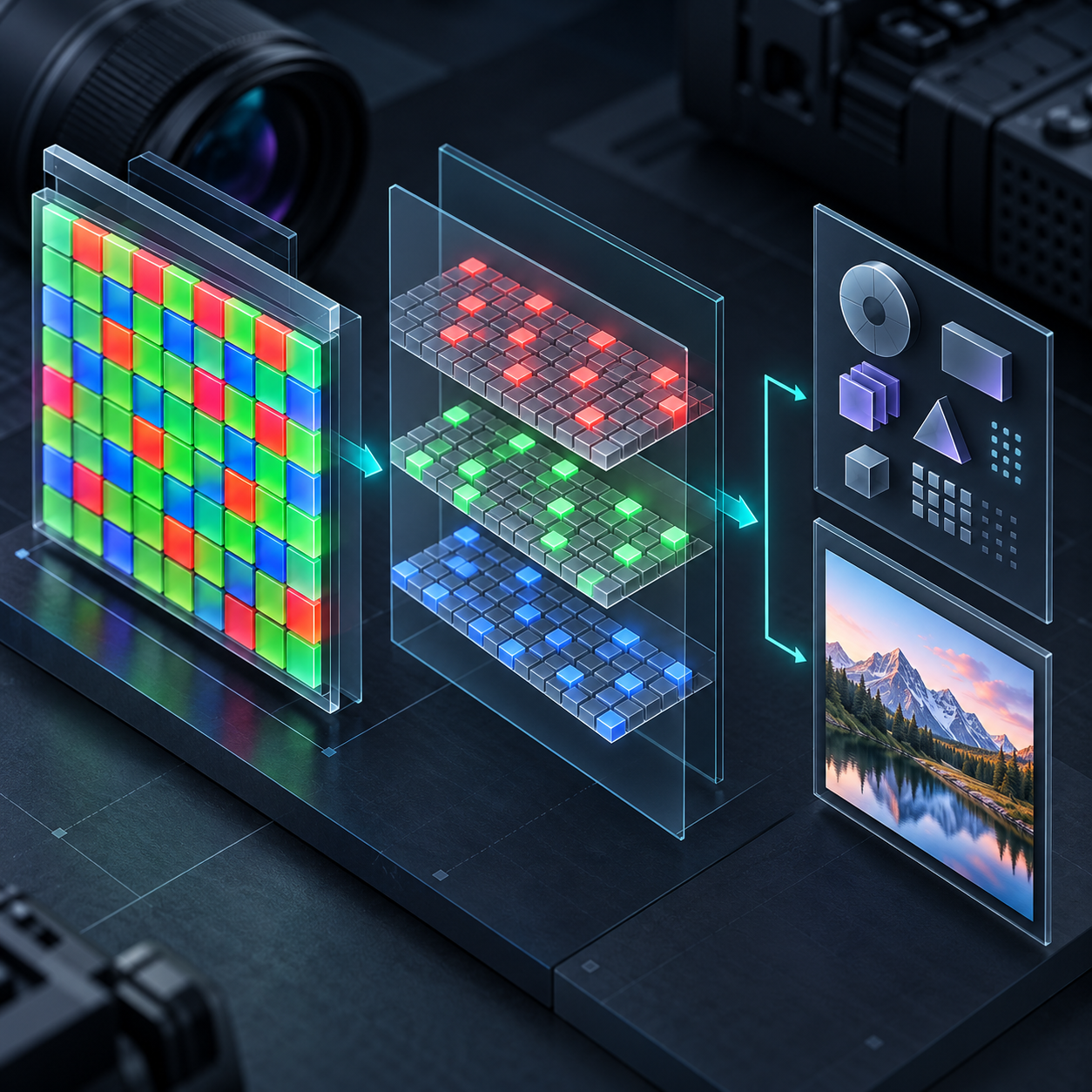 Bayer mosaic becoming sensor data, metadata, and a preview