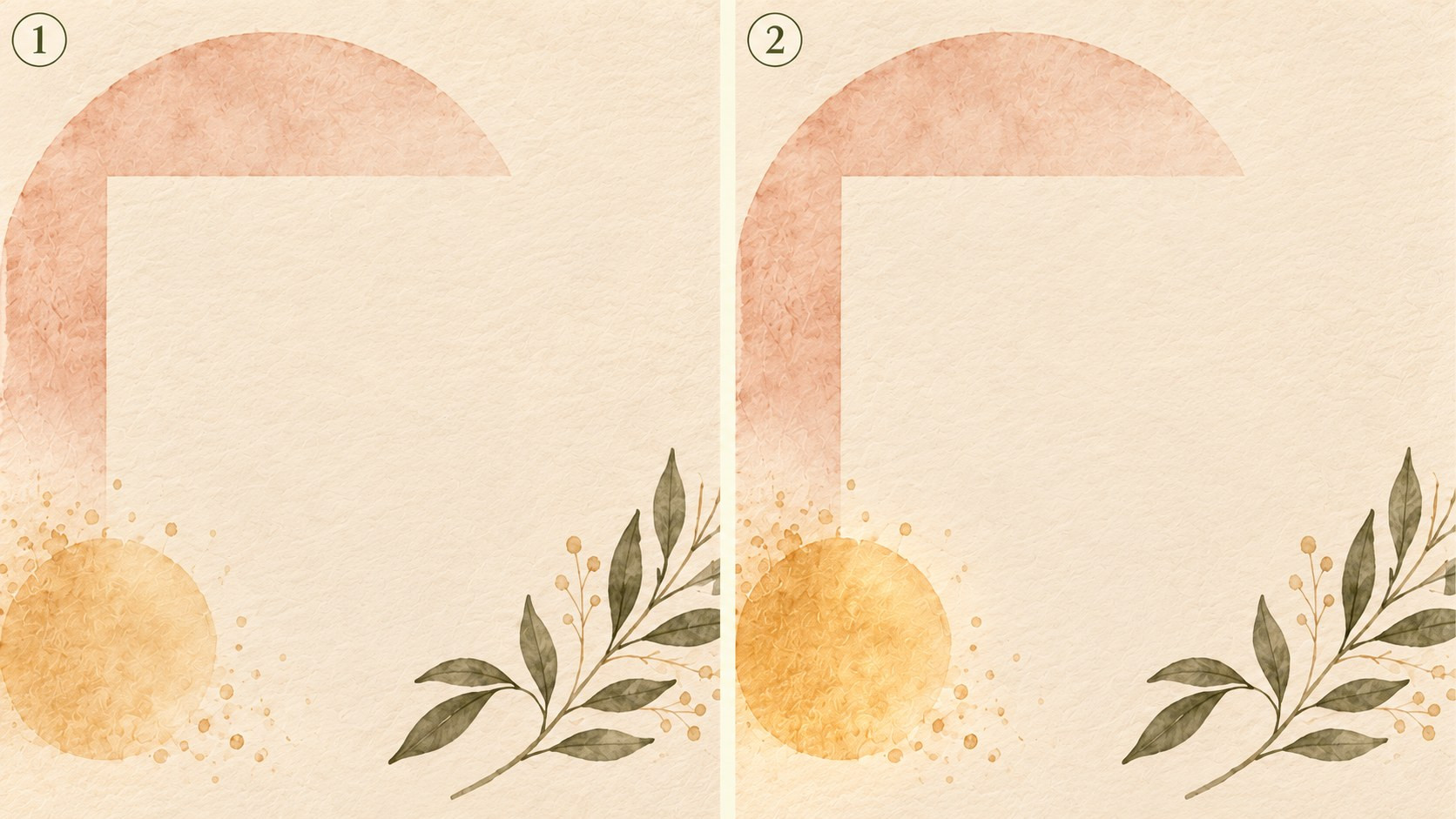 Two matching cream invitation backgrounds with blush arches and olive leaves; the lower-left amber wash is slightly warmer in the second panel, with no event text.