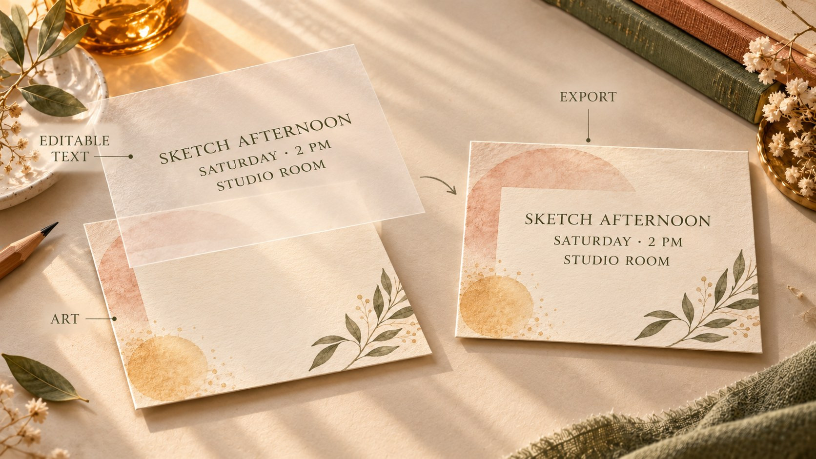An illustrated art sheet without words sits below a transparent editable text sheet, beside a combined invitation labelled Export.