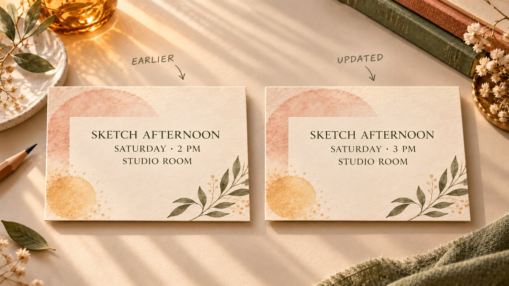 Two fictional Sketch Afternoon invitation proofs keep the same art and Studio Room venue while the time changes from Saturday 2PM to Saturday 3PM.