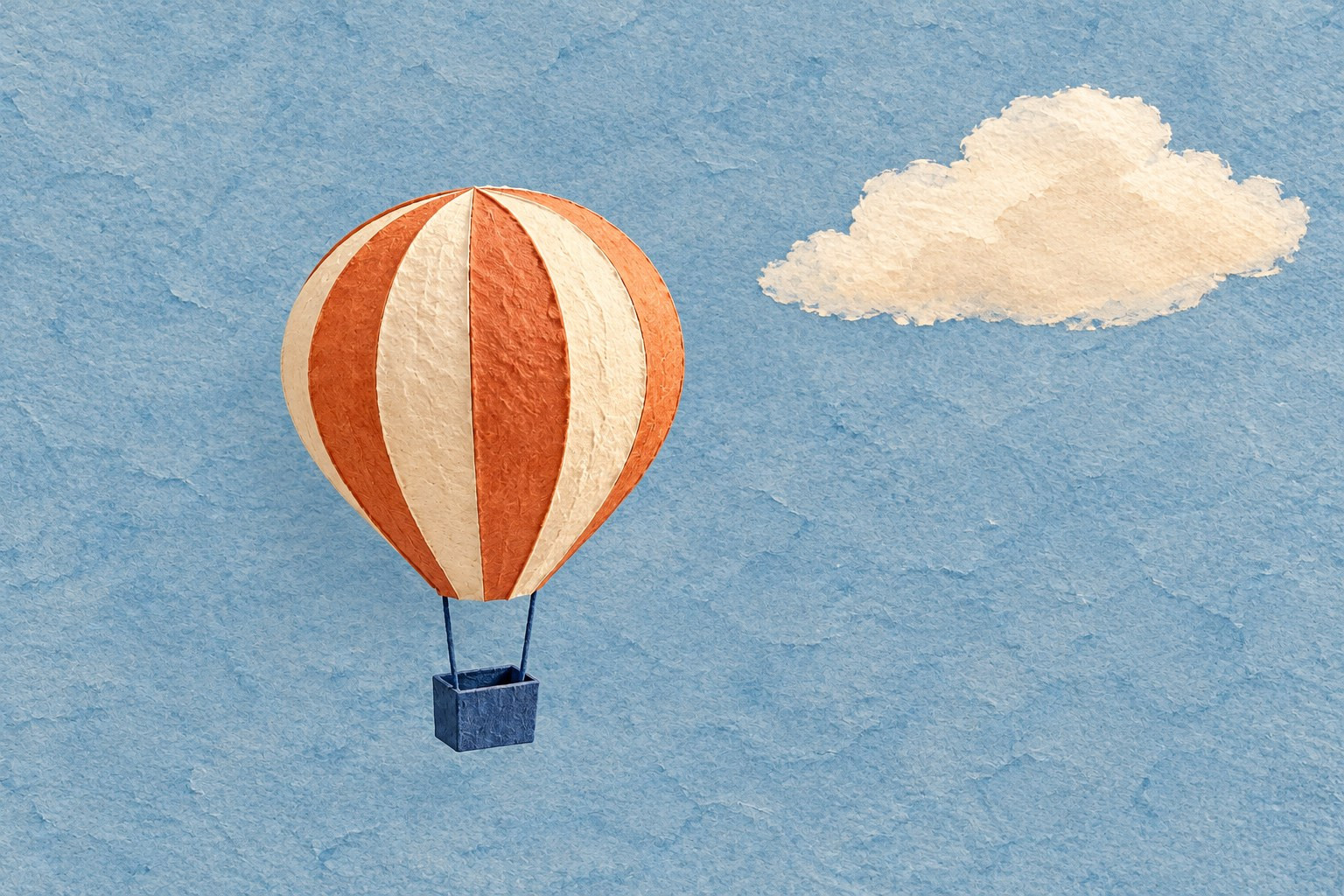 A terracotta-and-cream paper balloon with two blue cords and a blue basket floats below a cream cloud on blue paper.