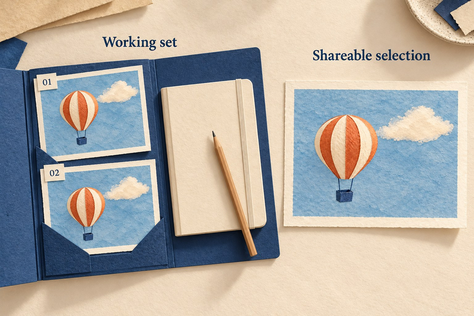 An illustrated working folder holds two numbered balloon prints and a notebook, while a separate single print represents a shareable selection.