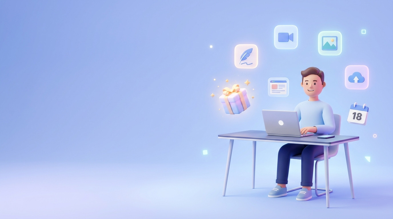 Content creator using an AI tool on a laptop with icons for writing, video, images, and cloud storage