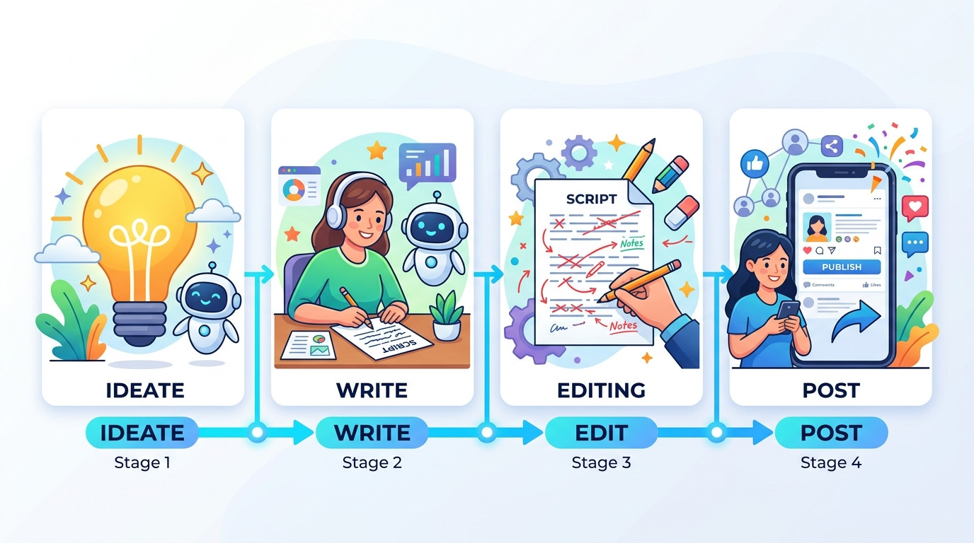 Workflow graphic showing a creator moving from idea to script to edit to post with an AI helper