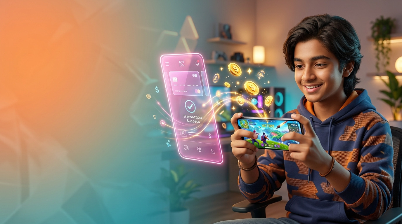 Gamer holding a phone with a fantasy village, green gems, and a golden pass ticket