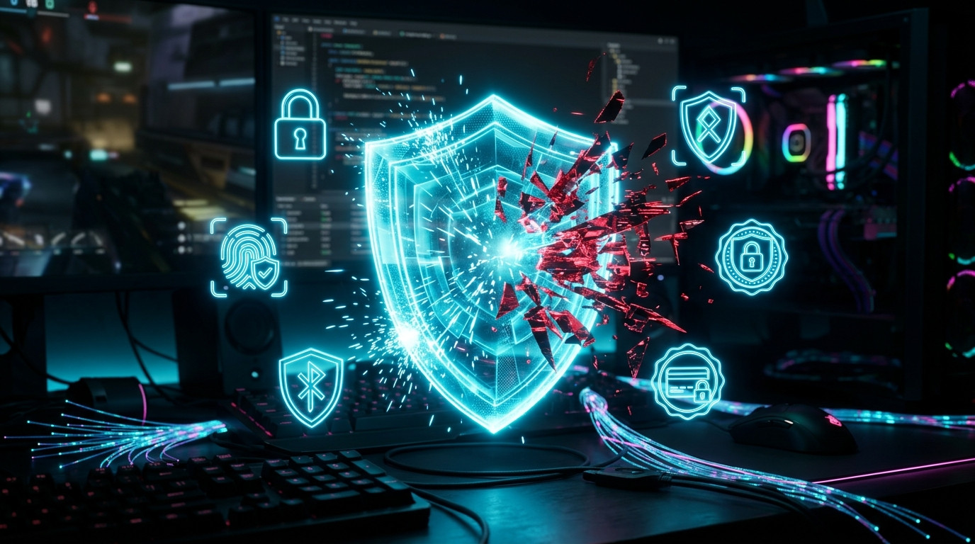 Safety graphic showing a padlock, an email code, and a warning sign for sharing game login codes